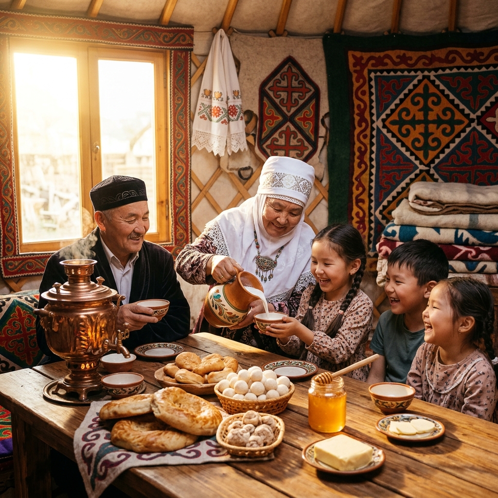 Kazakh family breakfast